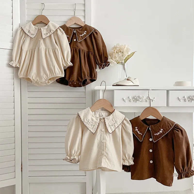 Polo collar cardigan girls' embroidered Princess bag fart romper