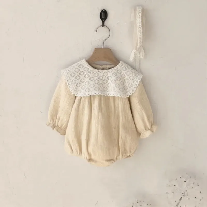 Girls Lace big lapel flower sleeve cover baby long sleeve romper
