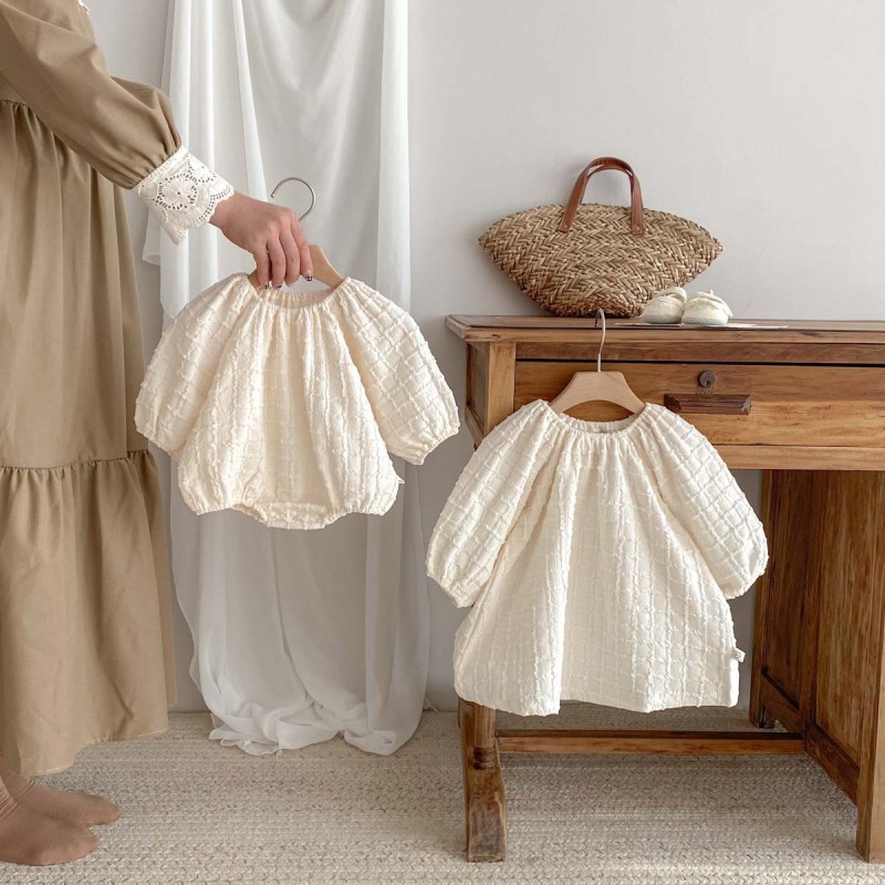 Girls' long sleeve solid beige round neck romper  and dress