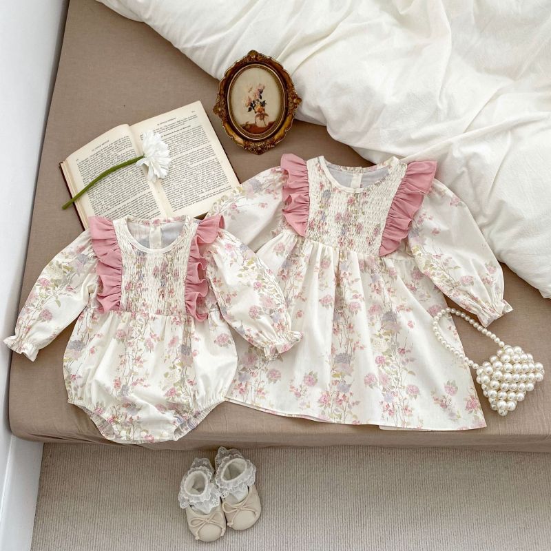 French floral long sleeve butt wrap clothes baby sisters outfit girl dress