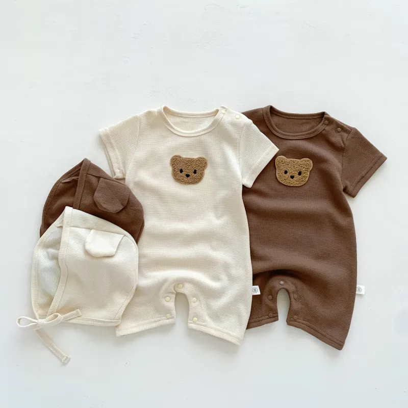 Baby summer romper bear waffle one-piece jumpsuit