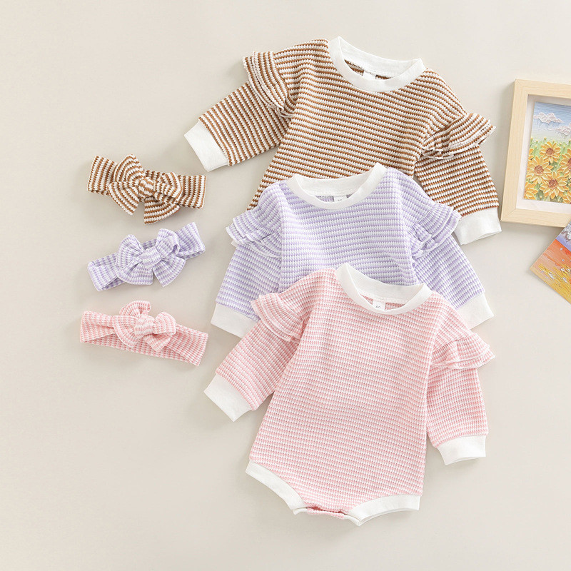 Toddler Simple Long Sleeve Round Neck Flying Sleeve Striped romper