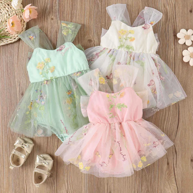 Embroidery flower mesh Princess crotch bodysuit Infant Toddler romper
