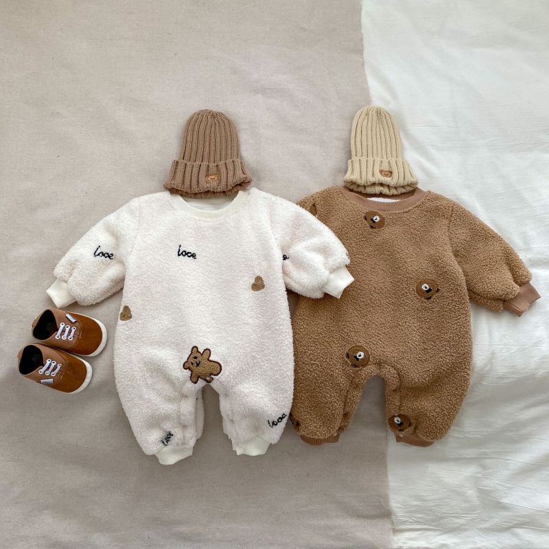 Bear embroidered long-sleeved romper thickened warm clothes