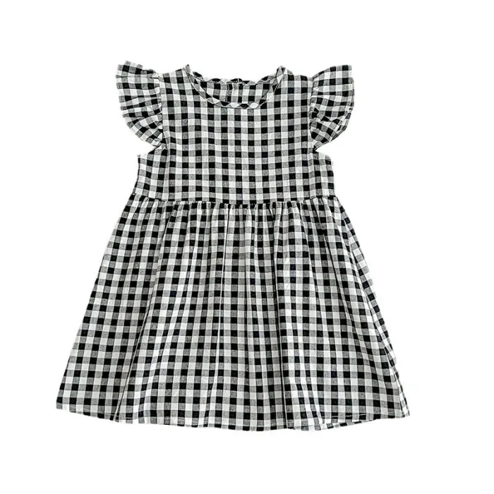 Summer new girls' plaid dress flounced sleeve sweet cute princess dress