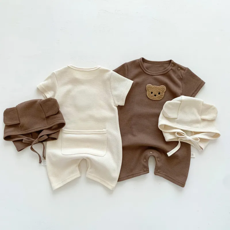 Baby summer romper bear waffle one-piece jumpsuit