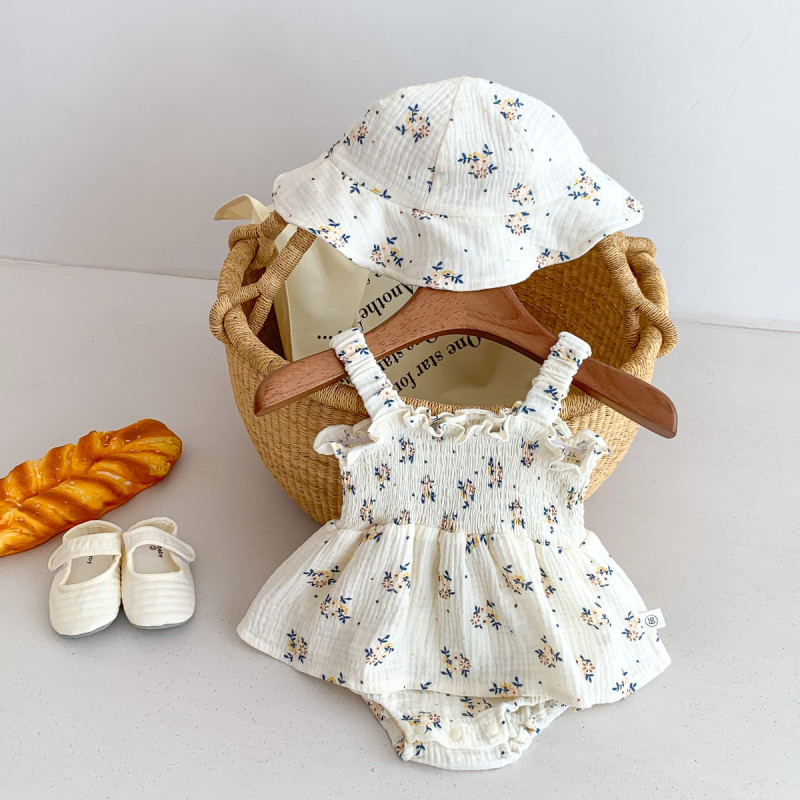 Sleeveless jumpsuit baby girl thin fashionable floral newborn rompers with hat