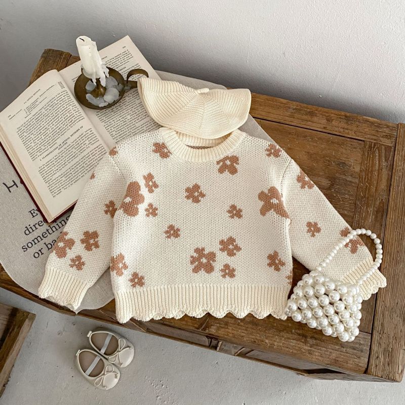Girls Baby Sweater Flower Jacquard Pullover Sweater Versatile Top