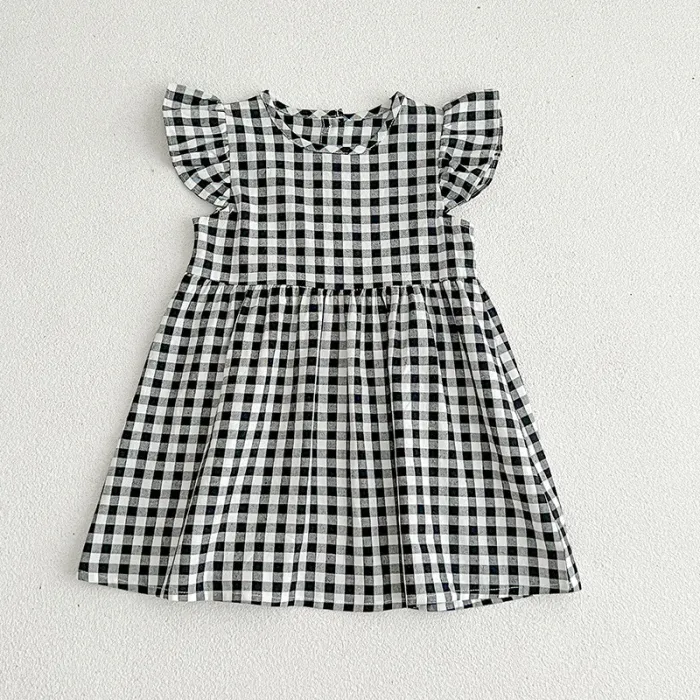 Summer new girls' plaid dress flounced sleeve sweet cute princess dress
