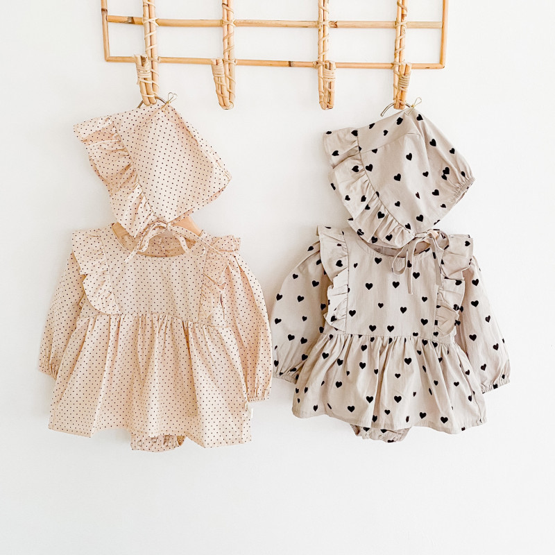 Princess heart  dot print Valentine's Day romper  with hat