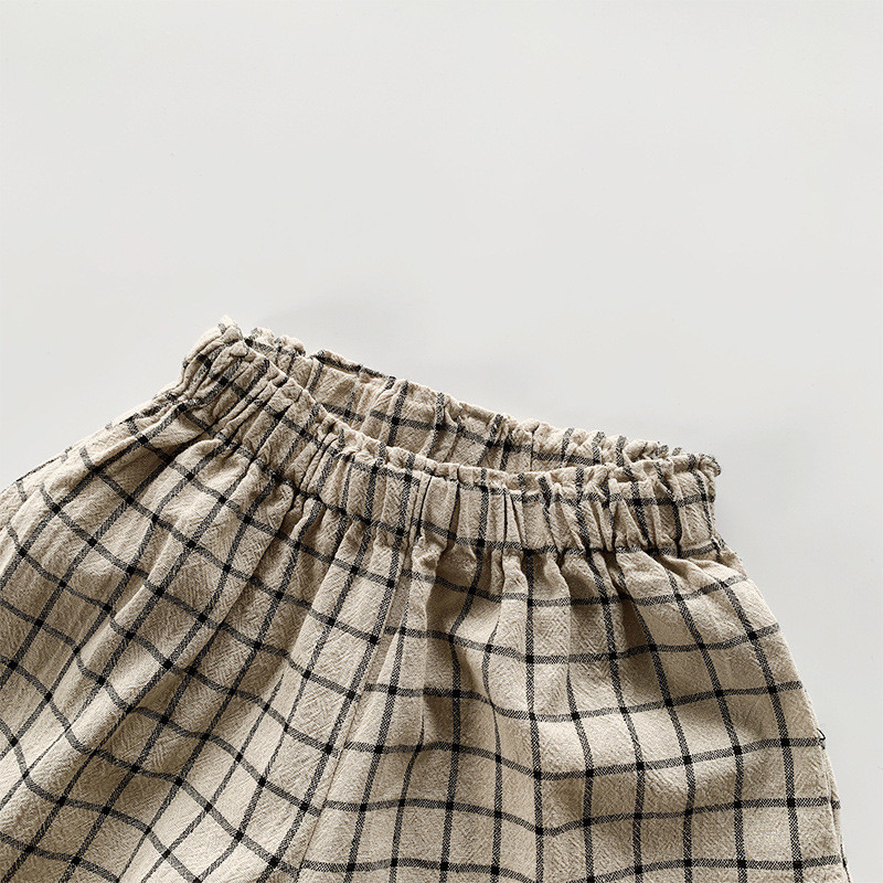 Plaid Elastic Waist Kid Boys Short Pants Loose Cotton Linen