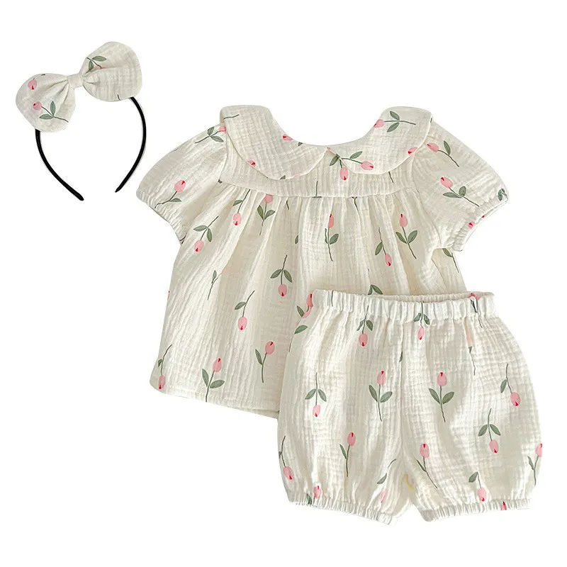 Short sleeve summer gauze rompers jumpsuit girl tulip suit sisters outfit