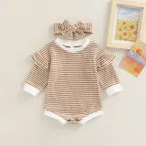 Toddler Simple Long Sleeve Round Neck Flying Sleeve Striped romper