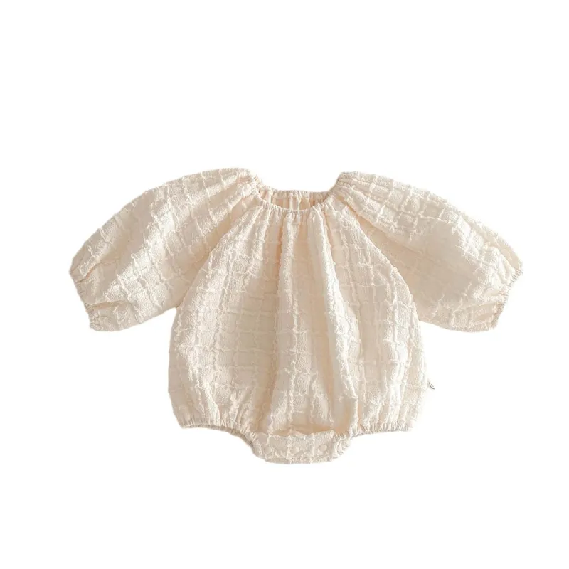 Girls' long sleeve solid beige round neck romper  and dress