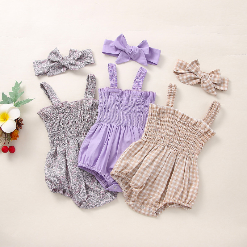 Baby Girls Rompers+Headwear Sleeveless Strap Elastic Jumpsuits