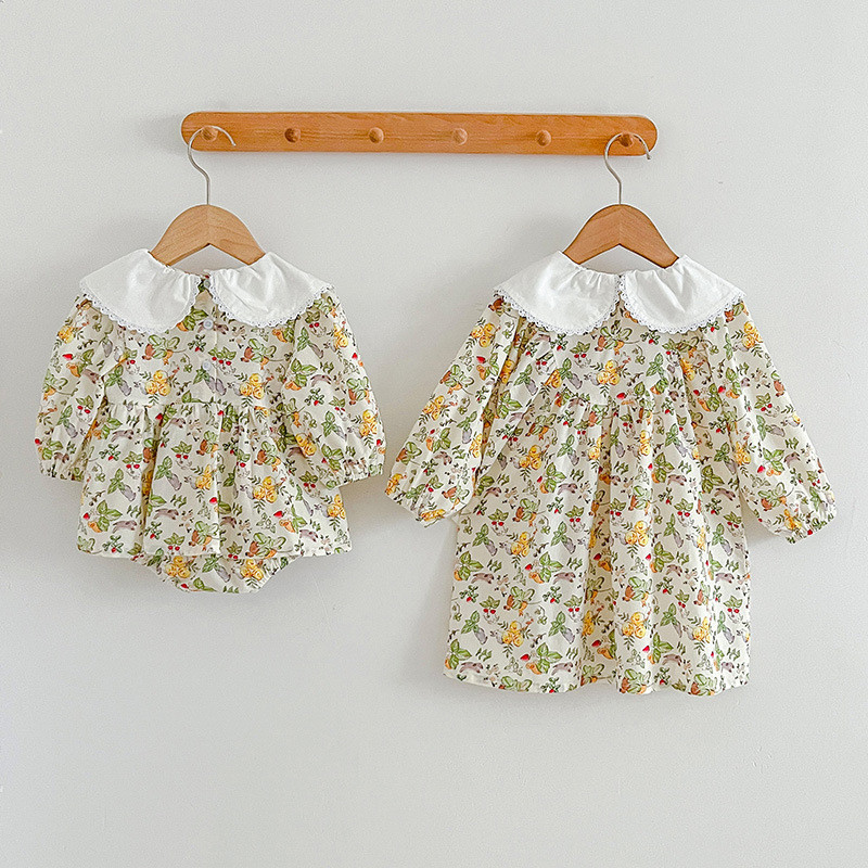 Baby floral romper baby lace doll collar girl dress sisters outfit