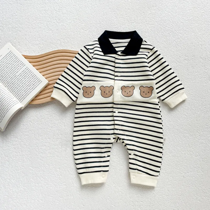 Baby clothes striped long-sleeved polo collar bear romper