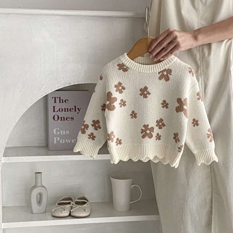 Girls Baby Sweater Flower Jacquard Pullover Sweater Versatile Top