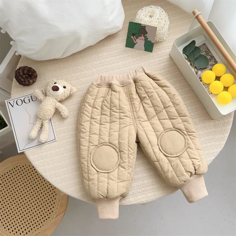 Children's three-layer padded pants solid beige gray warm padded pants