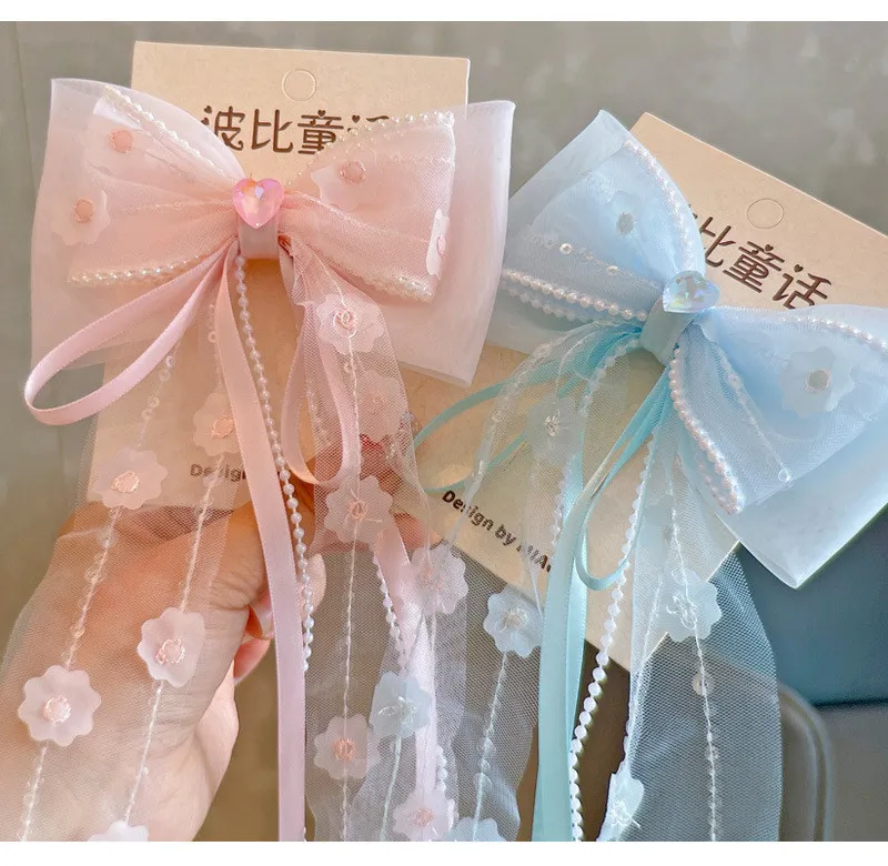 Floral gauze bow children ribbons girl's hair clip head wear top clip
