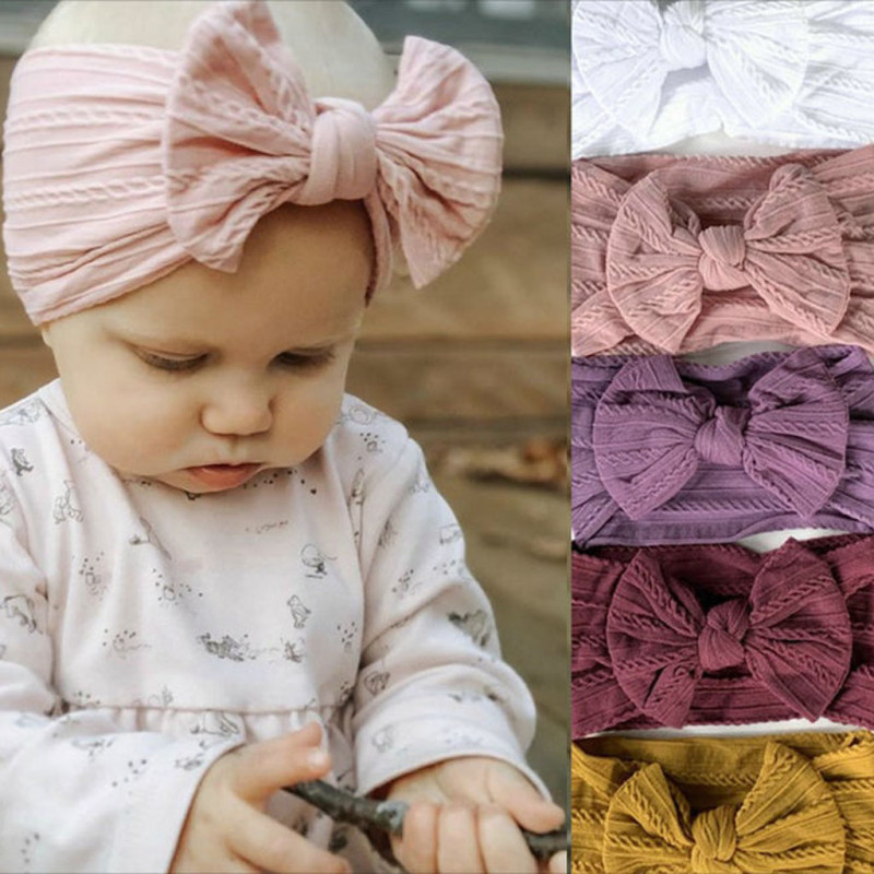 Girls Elastic Knit Turban Baby Bows Soft Nylon Kids Headwear