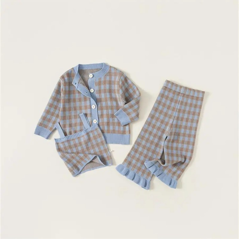 Blue plaid Sweater+pants clothing Set kids Girls checker Knitted cotton 3pcs Suit