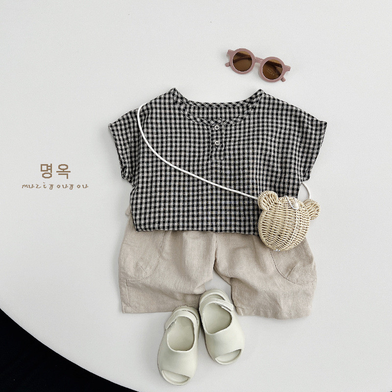 Plaid shirt kids cotton shirt boys girls short sleeve top