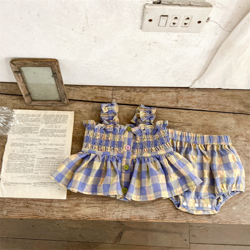 Suspenders romper cotton and linen checkered tank top briefs fanny pack set