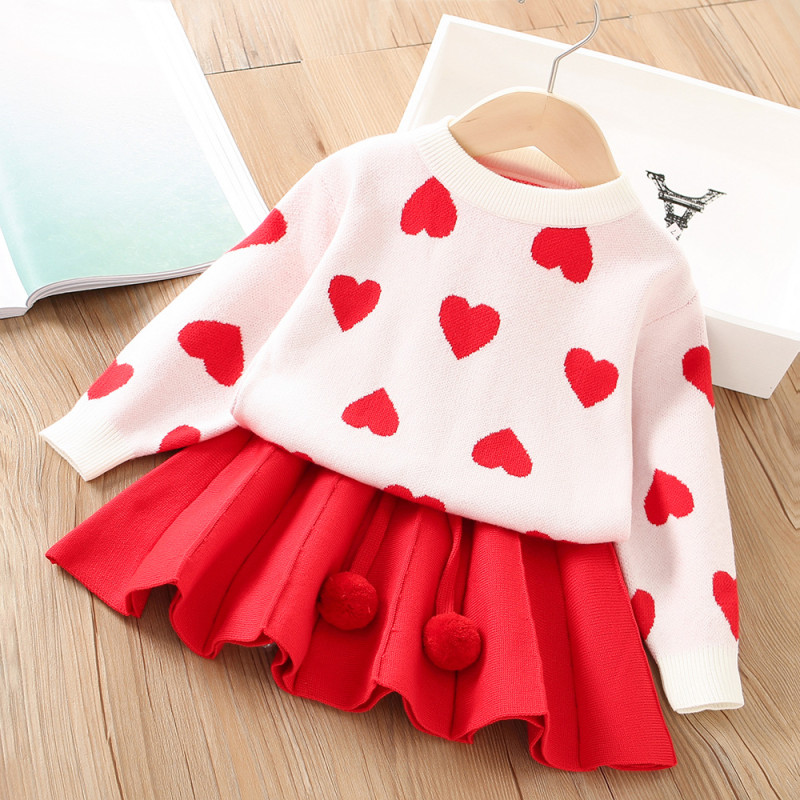 Girls kids cotton pink red sweater skirt set two-piece set Christmas Valentine's Day clothing