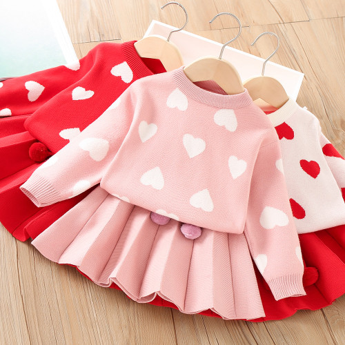 Girls kids cotton pink red sweater skirt set two-piece set Christmas Valentine's Day clothing