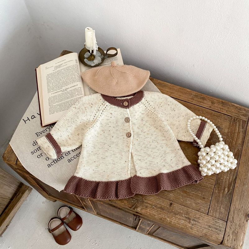 Baby girl baby infant ruffled knitted cardigan coat Knitted bell-bottom pants