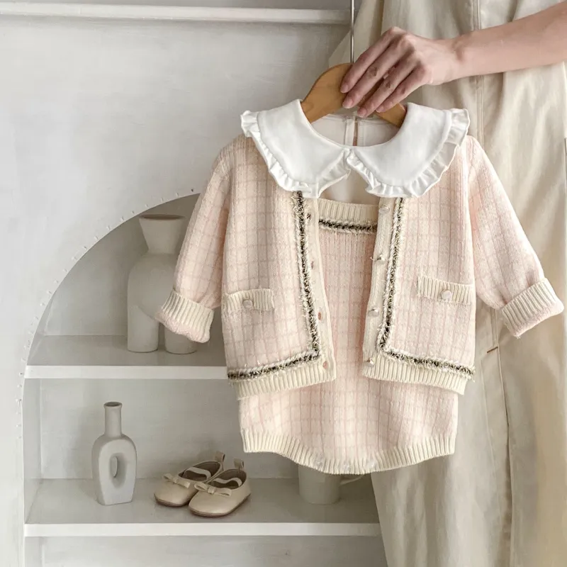 Girl plaid romper style knitted sweater long-sleeved baby coat two piece suit