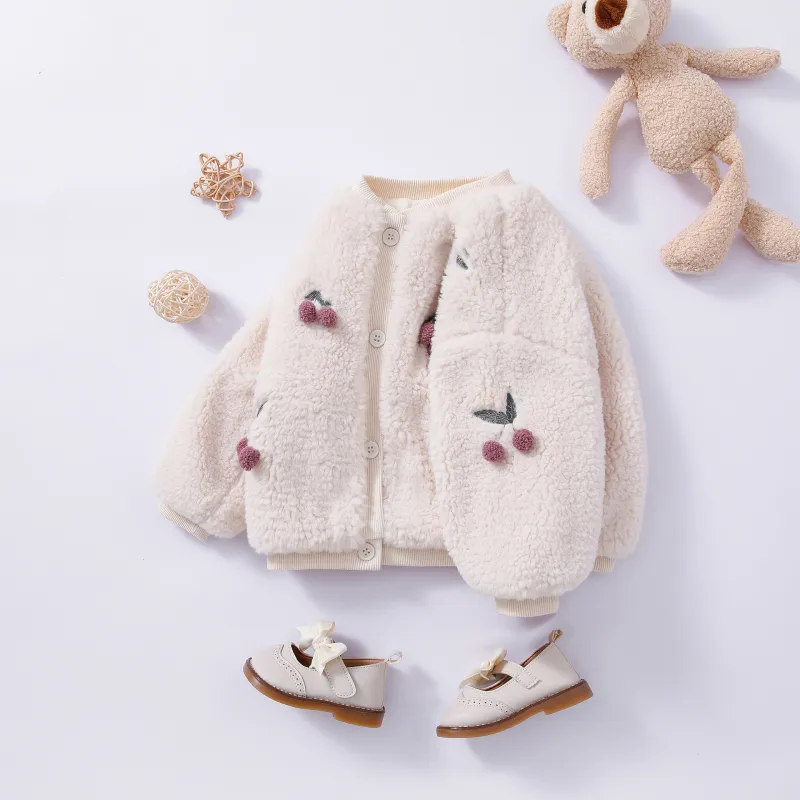 Girls' coat Princess baby girl warm with velvet padded top Cherry