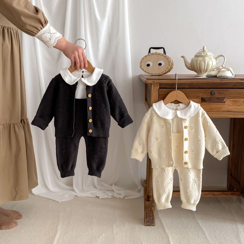 knitted cardigan suit all-match woolen baby outerwear suspender pants