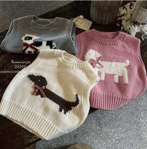 Girls' puppy sweater vest children solid color cartoon print sweater vest