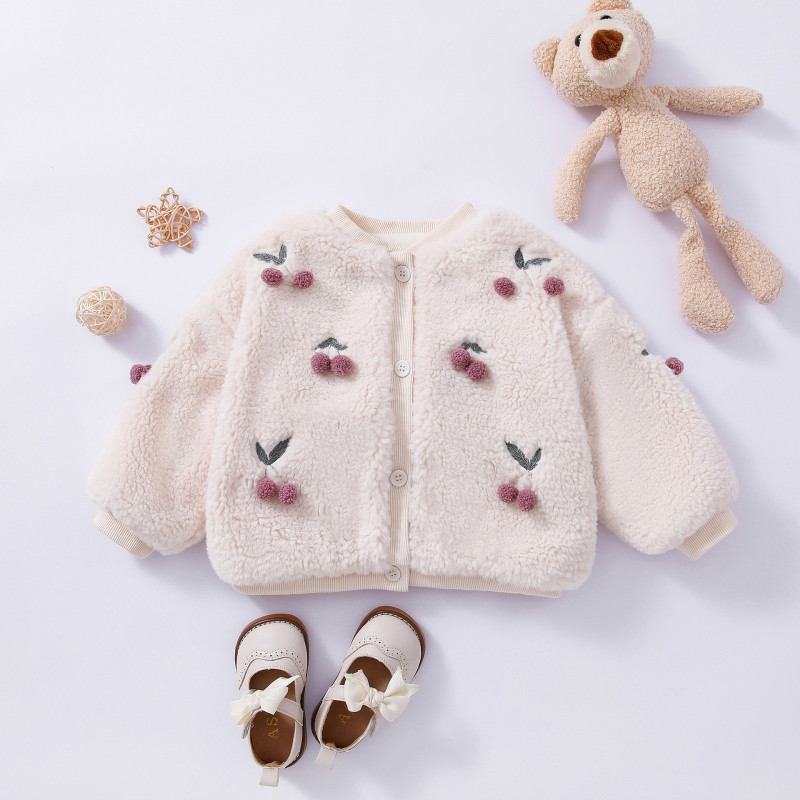 Girls' coat Princess baby girl warm with velvet padded top Cherry