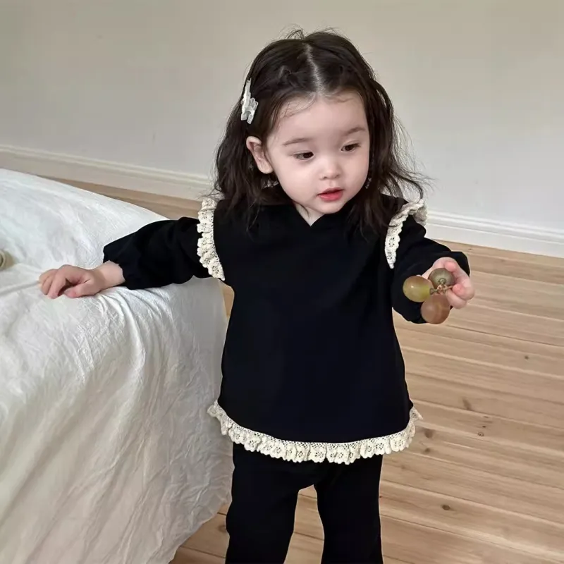 Children suit autumn clothes baby girls' lace hooded sweater set