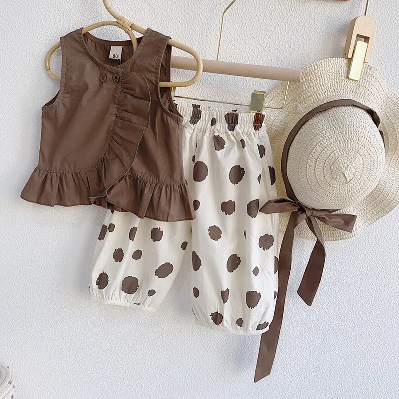 Girls sleeveless doll shirt + wide-legged pants + hat 3-piece fashion suit set