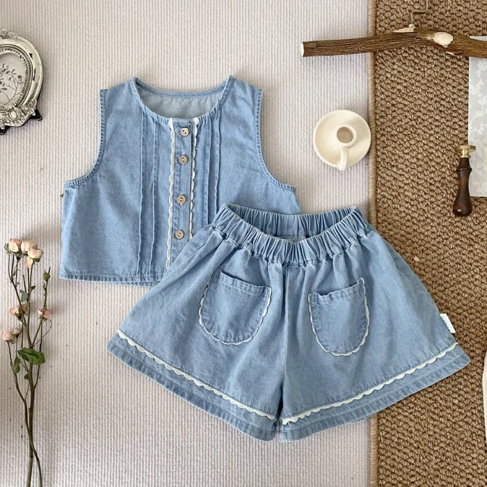 Girl's waistcoat shorts suit Denim cardigan vest shorts 2 Pieces suit
