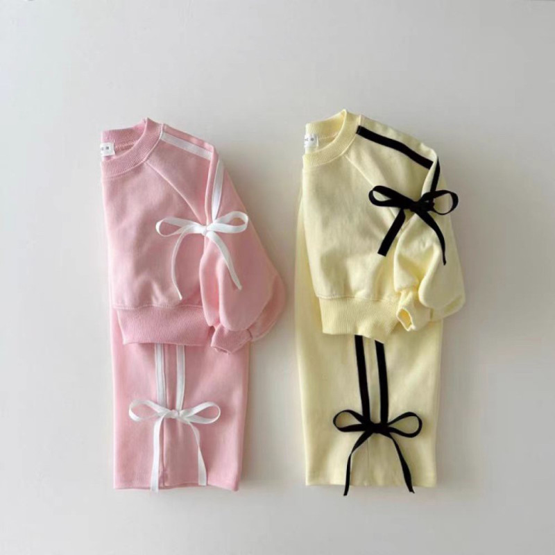 Long Sleeve trousers sports baby girl bow patchwork sweater sets