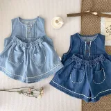 Girl's waistcoat shorts suit Denim cardigan vest shorts 2 Pieces suit