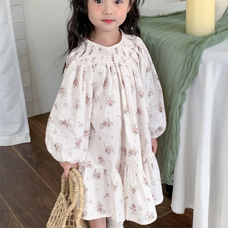 Girls floral puffed sleeve cotton dress crepe neck