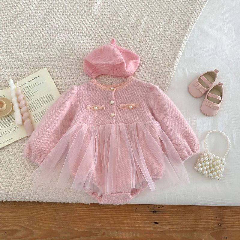 Baby romper girls princess mesh skirt round neck long sleeve