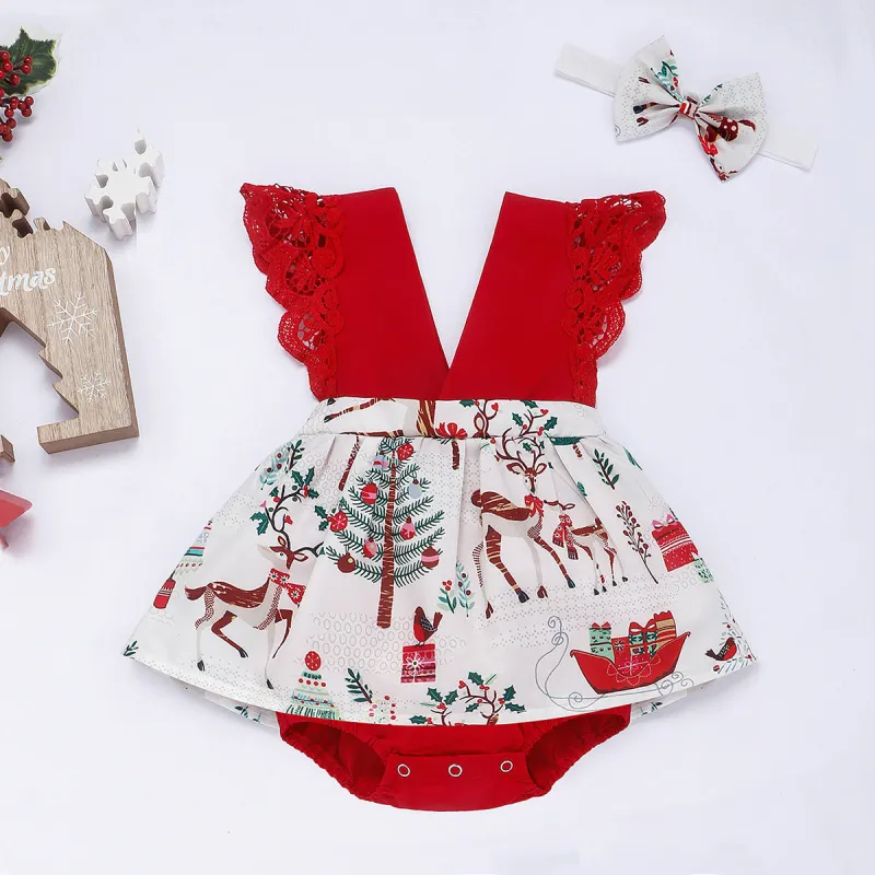 Christmas baby's bag fart jumpsuit headband lace romper