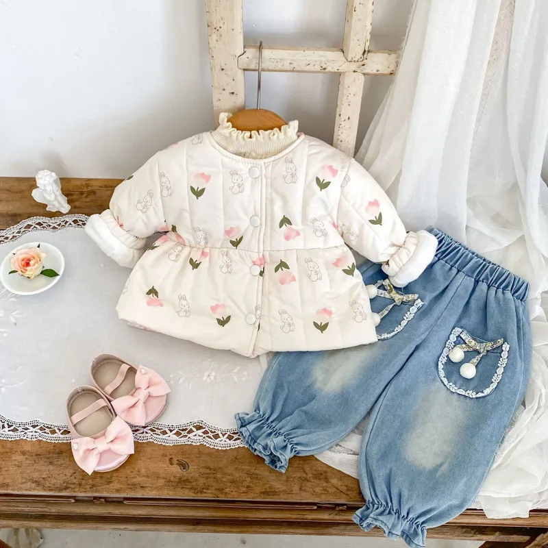 Baby Coat Girl Tulip Rabbit Pressed Cotton and Velvet Long Sleeve