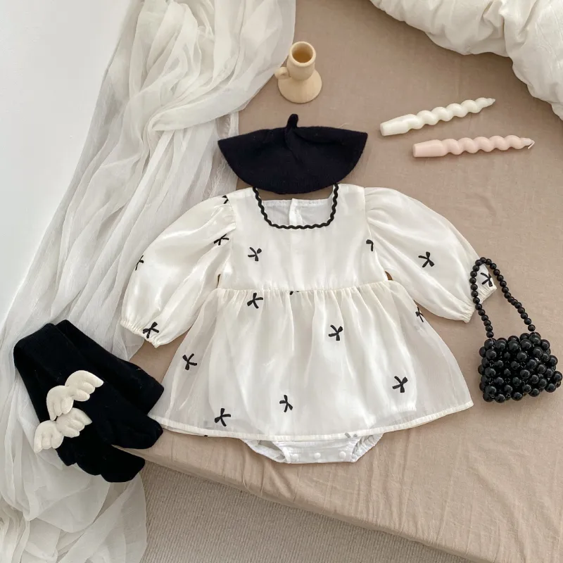 Baby autumn jumpsuit princess mesh girl baby romper bow long sleeves