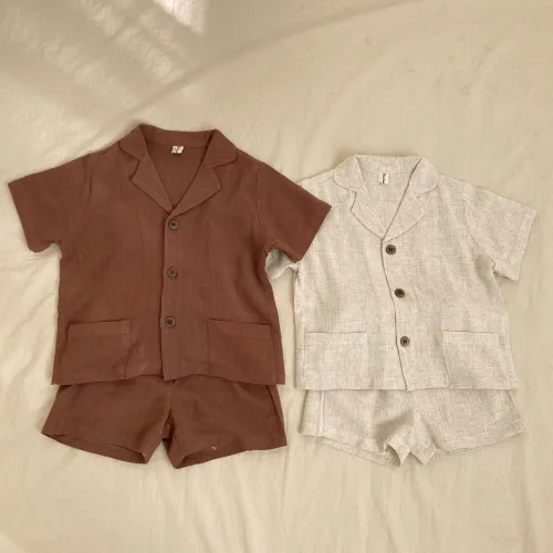 Kids Boys Clothes Set Solid Linen Shirts Shorts Girls 2PCS Sets