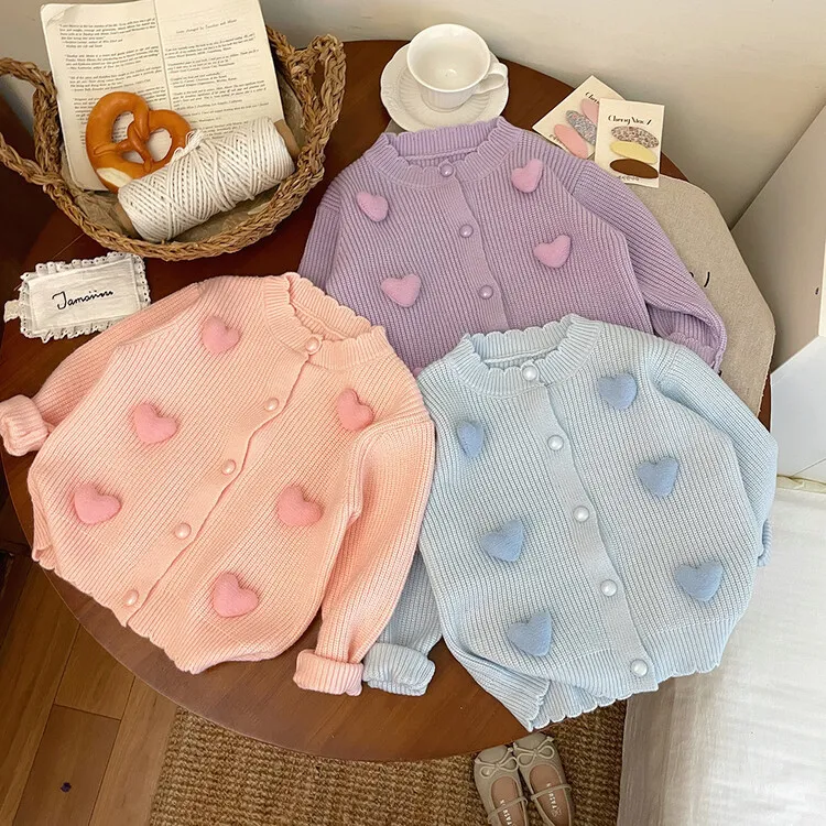 Girls Cardigan Sweater Love Contrast Color Sweet Cotton Knitted Sweater