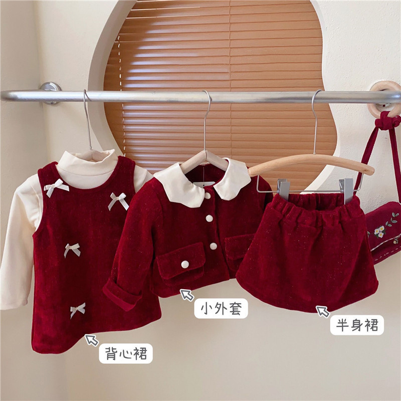 Bright Silk Bow and Velvet Suspender Skirt Warm Coat Casual Red Skirt Baby Suit
