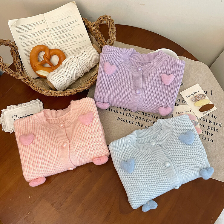 Girls Cardigan Sweater Love Contrast Color Sweet Cotton Knitted Sweater
